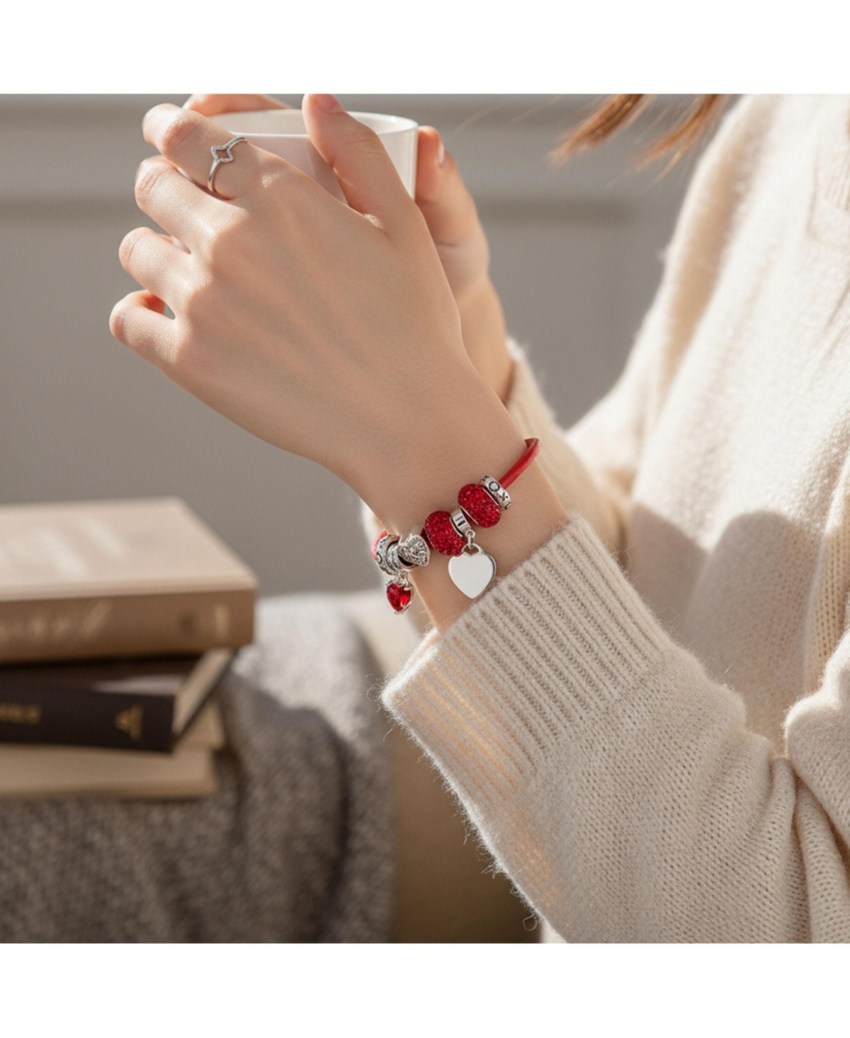 Bling Jewelry Initial Heart Lover Couples Valentine Bff Starter Beads Multi Charm Bracelet Red Leather For Women .925 Sterling Silver European Barrel