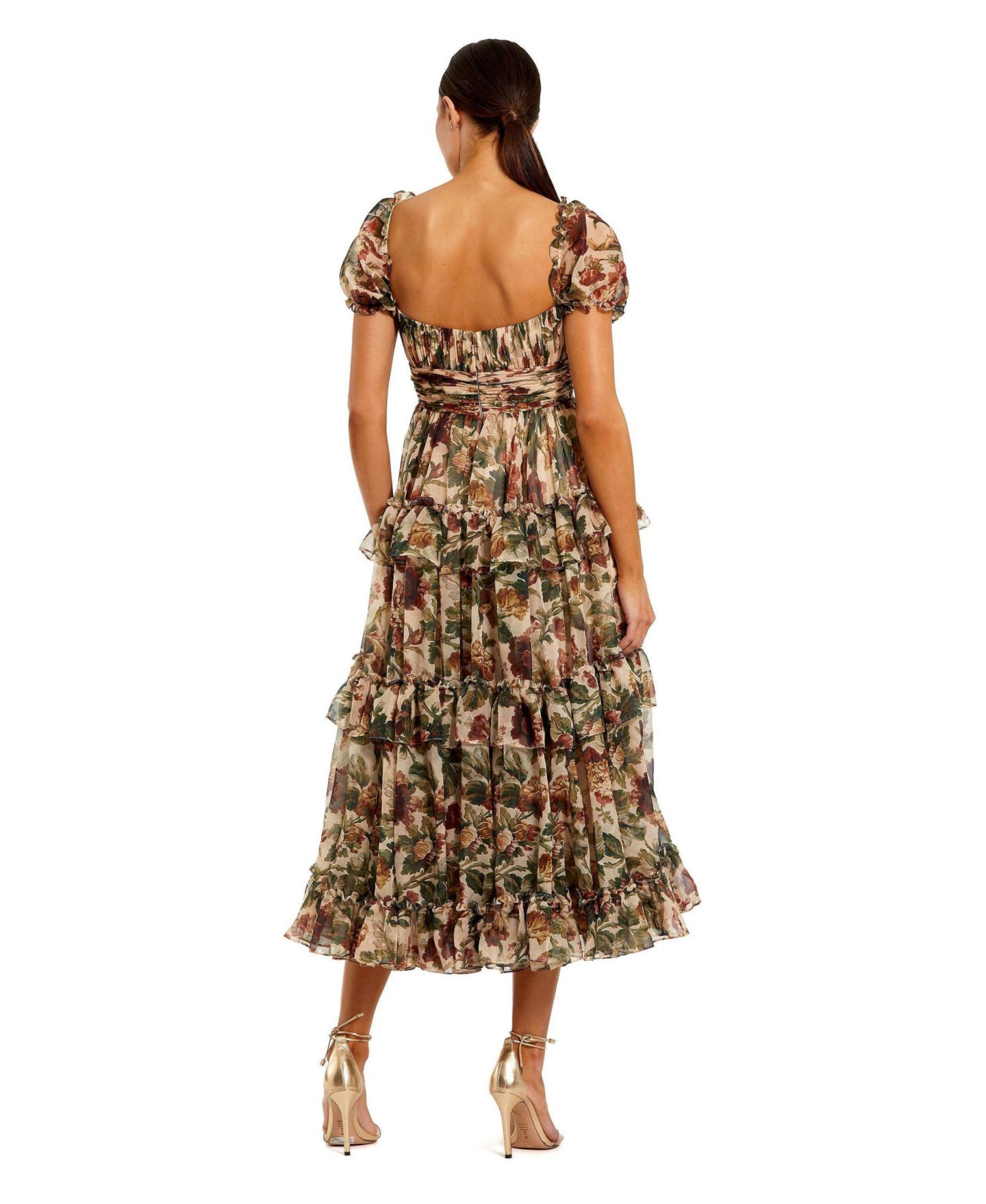 Женское платье Mac Duggal Chiffon Puff Sleeve A Line Midi With Ruffles, цвет: Кремовый разноцветный — фото 2