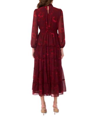 Women's Long-Sleeve Keyhole Mock Neck Tiered Maxi Dress