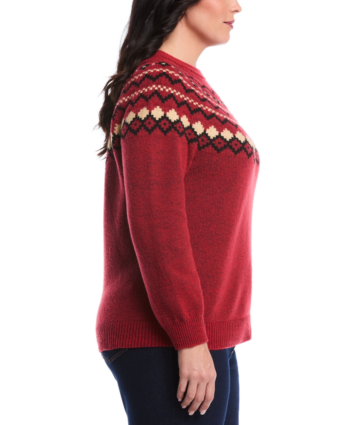 Rafaella Women's Plus Size Crew Neck Fair Isle Long Sleeve Sweater In Red