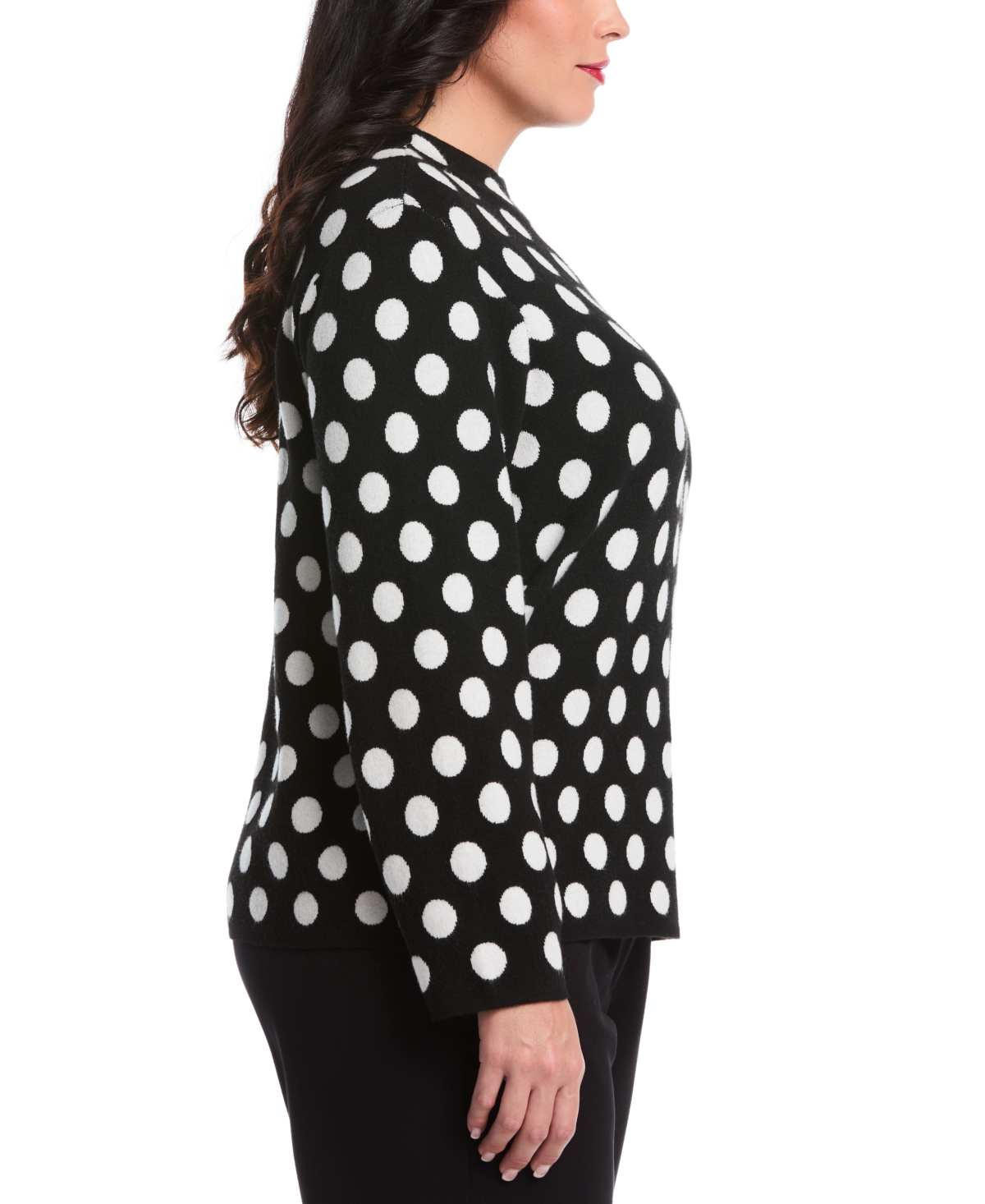 Rafaella Women's Plus Size Dot Print Mock Neck Long Sleeve Sweater In Black