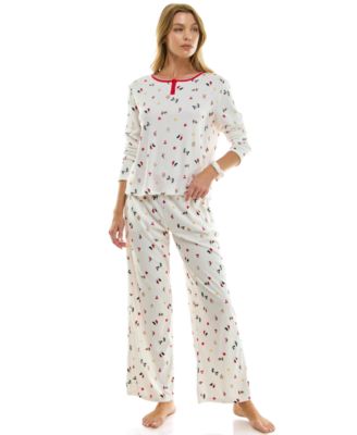Women's 2-Piece Printed Pointelle Long-Sleeve Top and Pants Set