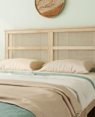 Queen Upholstered Bed Frame with Rattan Headboard and Support Feet, Wooden Frame Queen Size Platform Bed, No Box Spring Needed