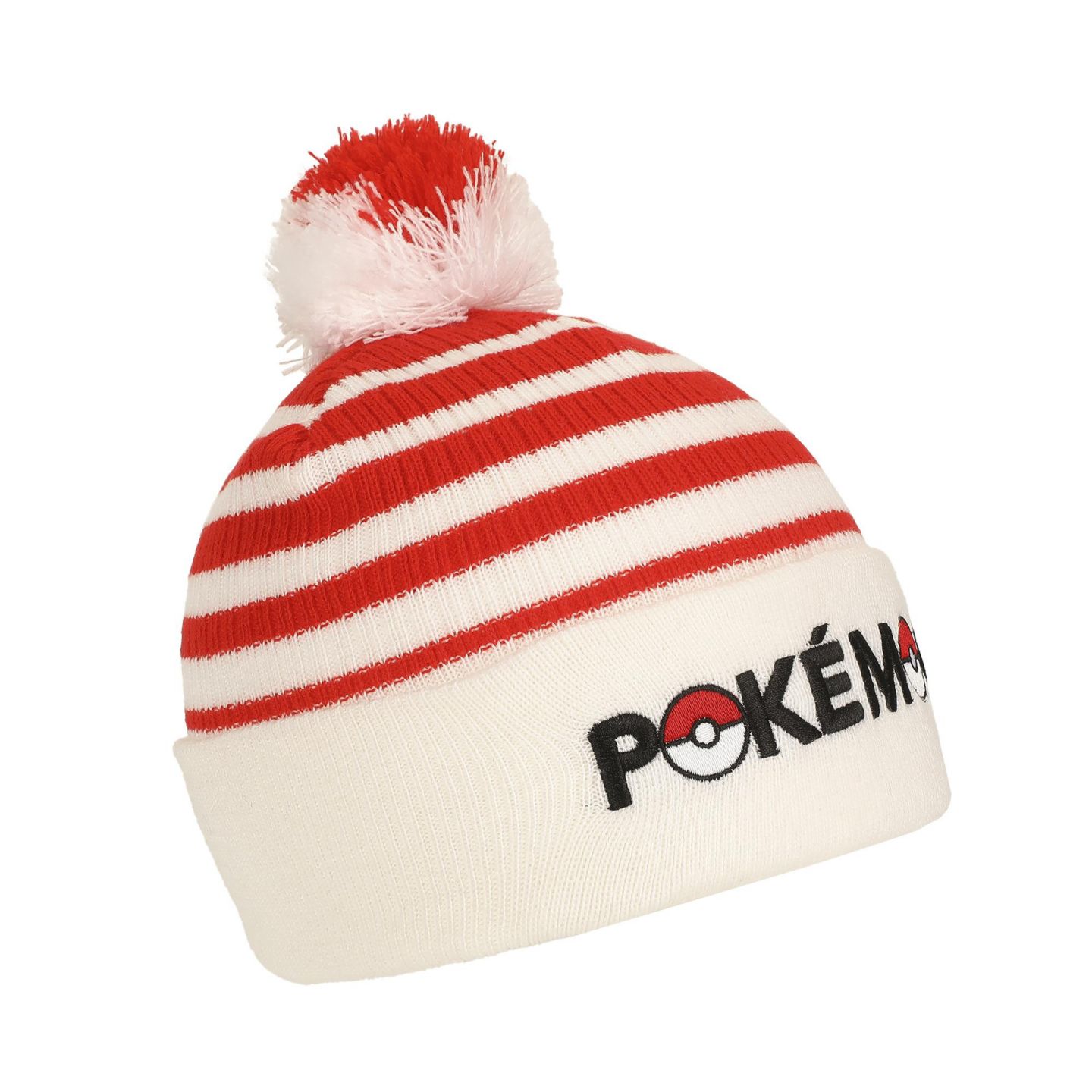 Мужская шапка Pokemon Pokeball Plush Pom, Red And White Stripes Cuff Beanie — фото 1