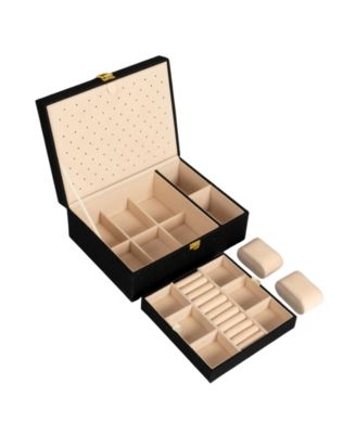 Faux Leather 2-Layer Jewelry Organizer Box with Clasp Closure, Caramel Color