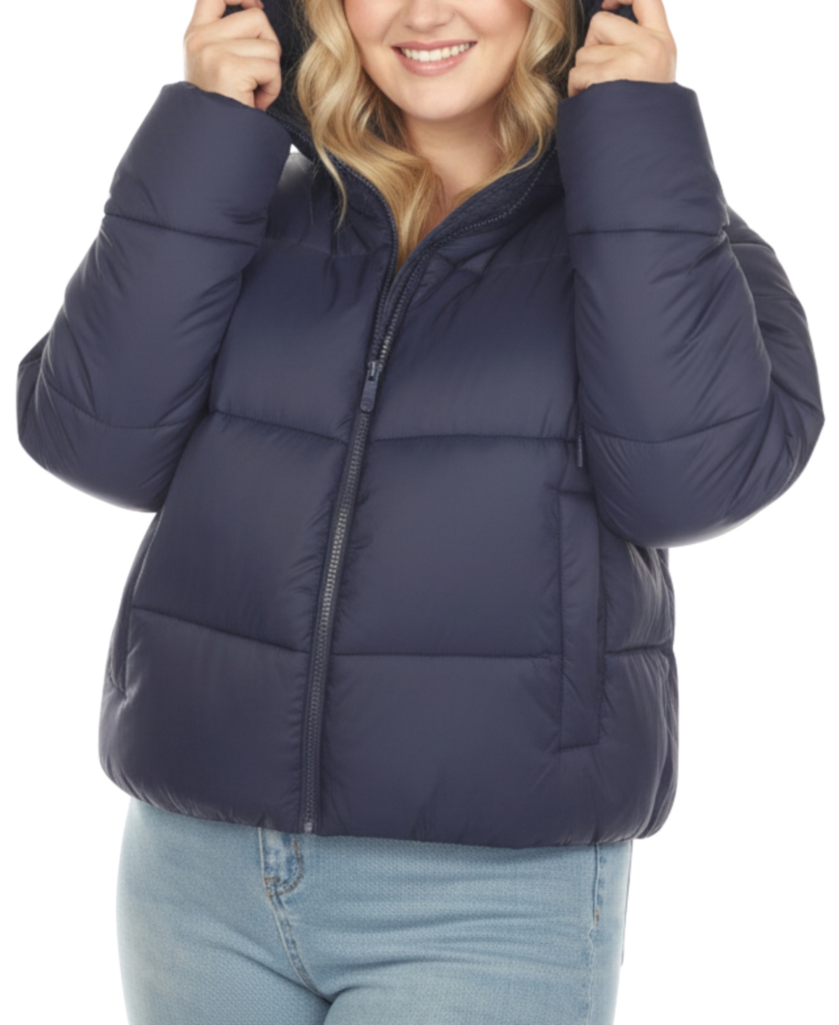 White Mark Plus Size Quilted Puffer Crop Jacket With Hood In Blue