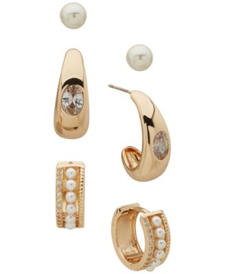 Anne Klein - 3-Pc. Cubic Zirconia and Imitation Pearl Gold-Tone Round and Baguette Earrings Set
