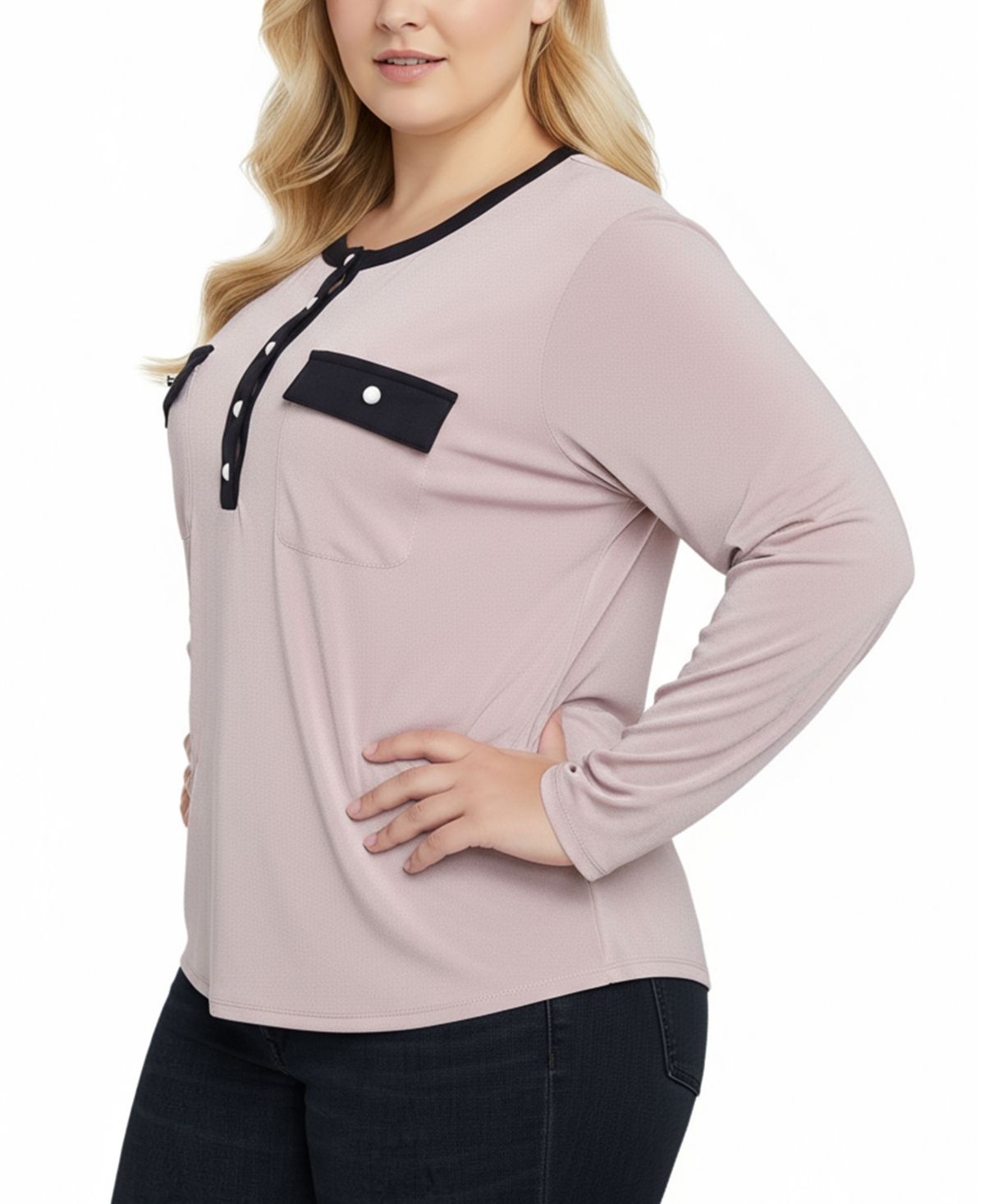 Ny Collection Women's Plus Size Long Sleeve Contrast Detail Top In Multi