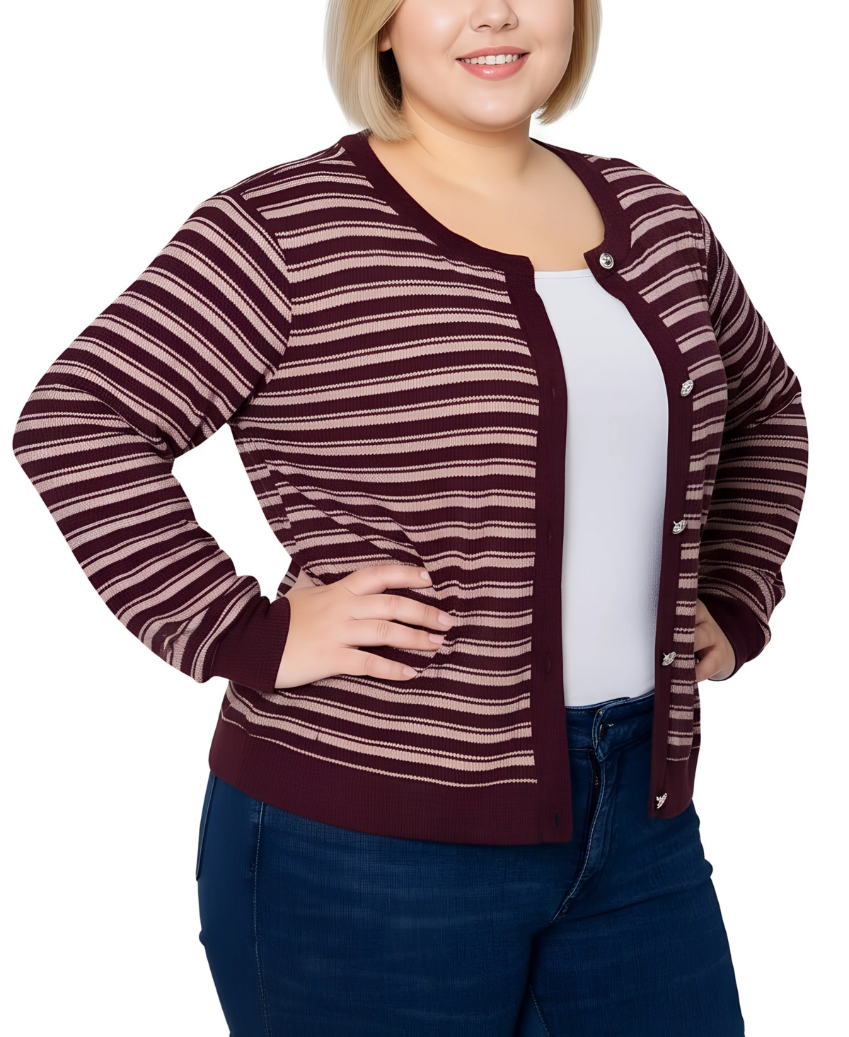 Ny Collection Women's Plus Size Long Sleeve Ribbed Cardigan In Brown