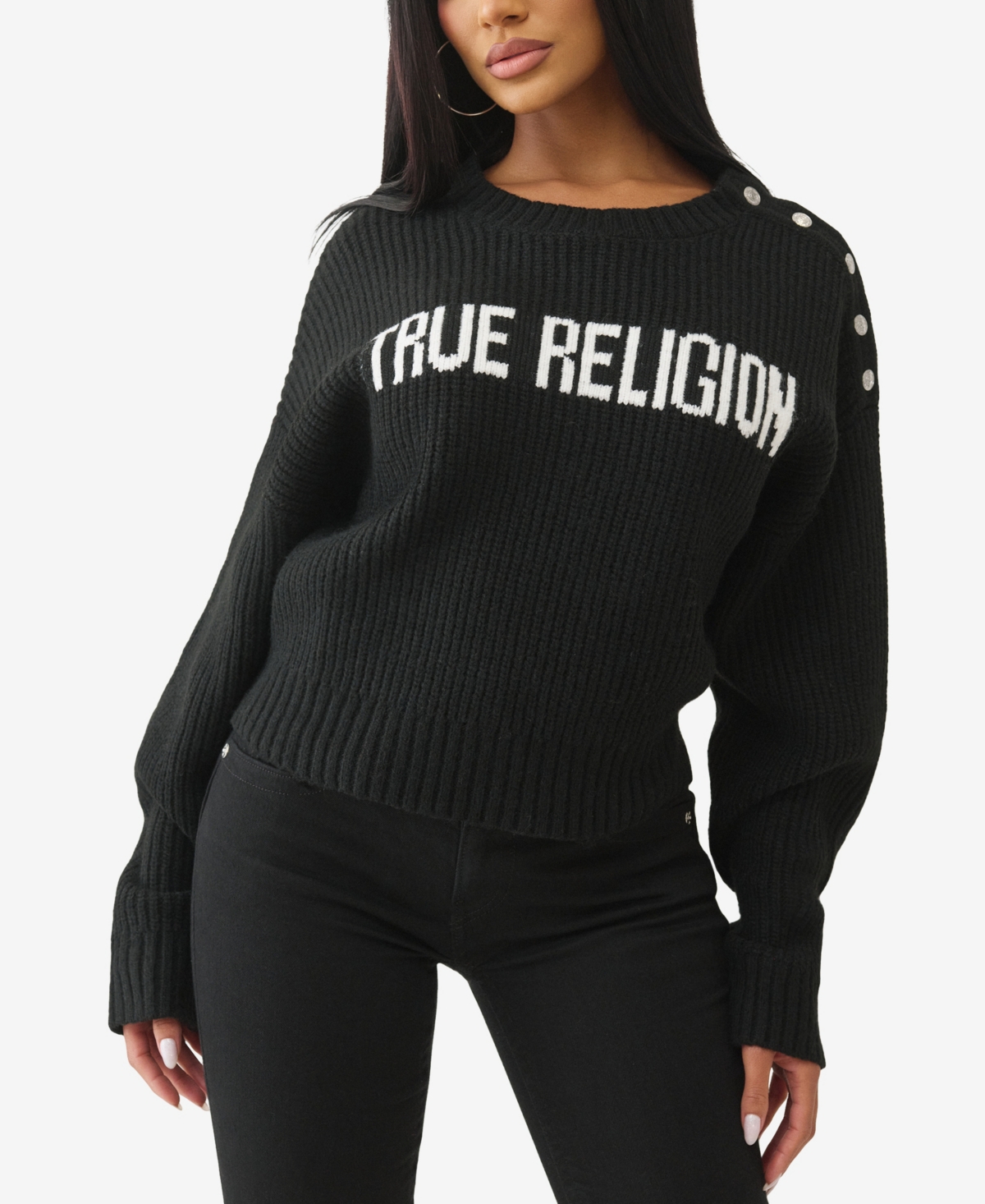 True Religion Women's Logo Off Shoulder Sweater In Black