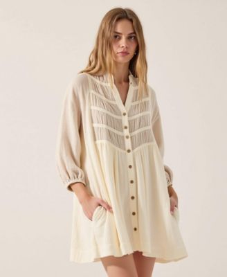 Women's Textured Sheer Panel Pintuck Shirt Dress
