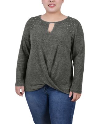 Women's Plus Size Long Sleeve Knit Keyhole Top