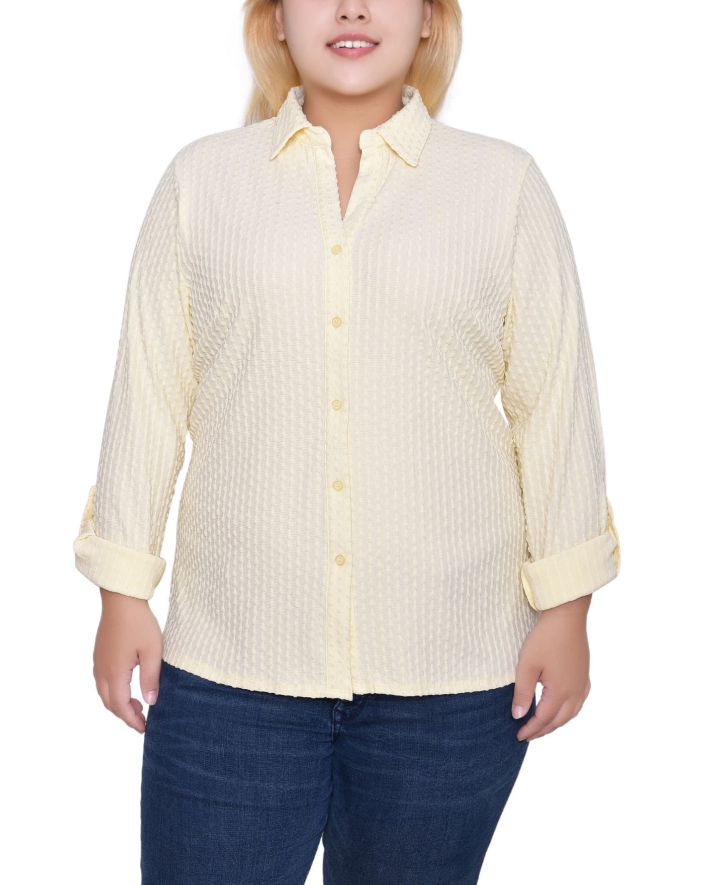 Женский топ NY Collection Plus Size Long Sleeve Textured Knit, цвет: Сливочный — фото 1