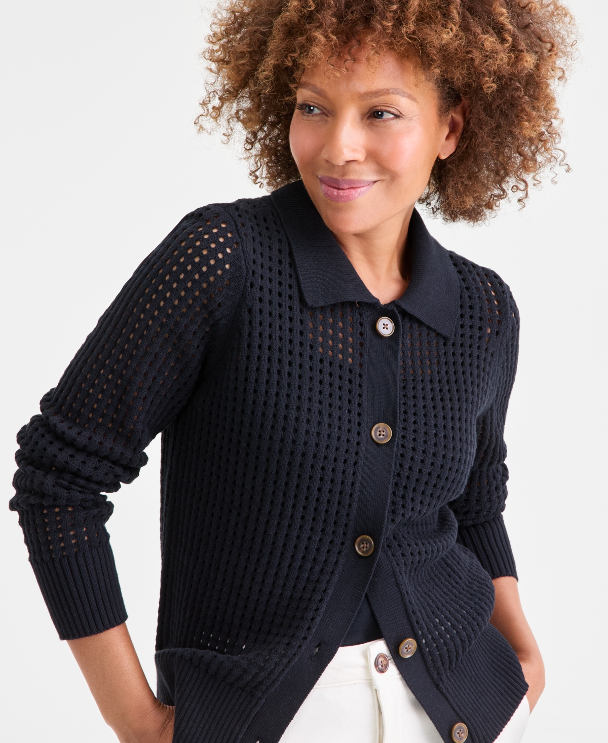 Style & Co Women's Cotton Open-stitch Cardigan Sweater, Macy's Exclusive In Black