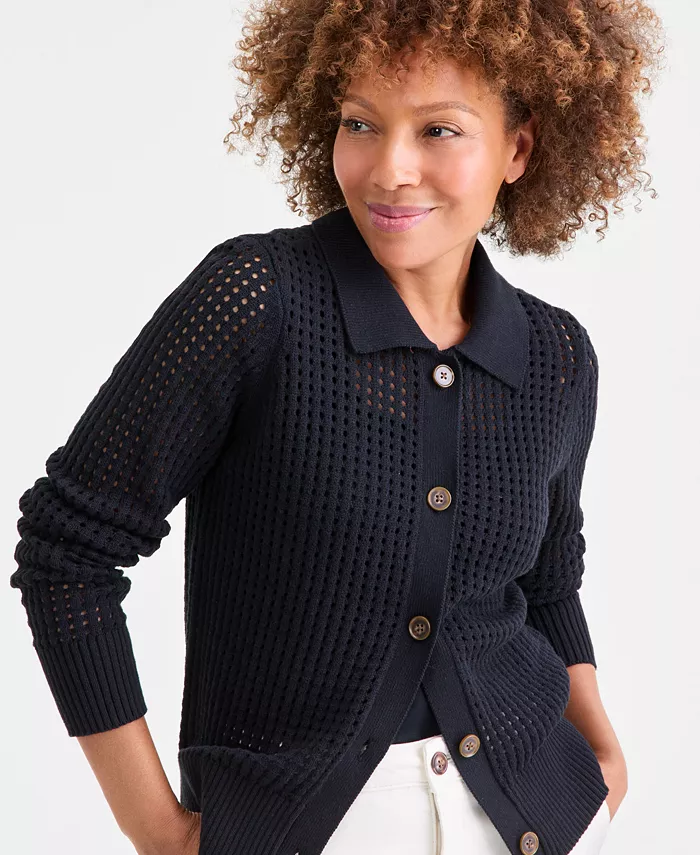 Women's Cotton Open-Stitch Cardigan Sweater - thumbnail 7