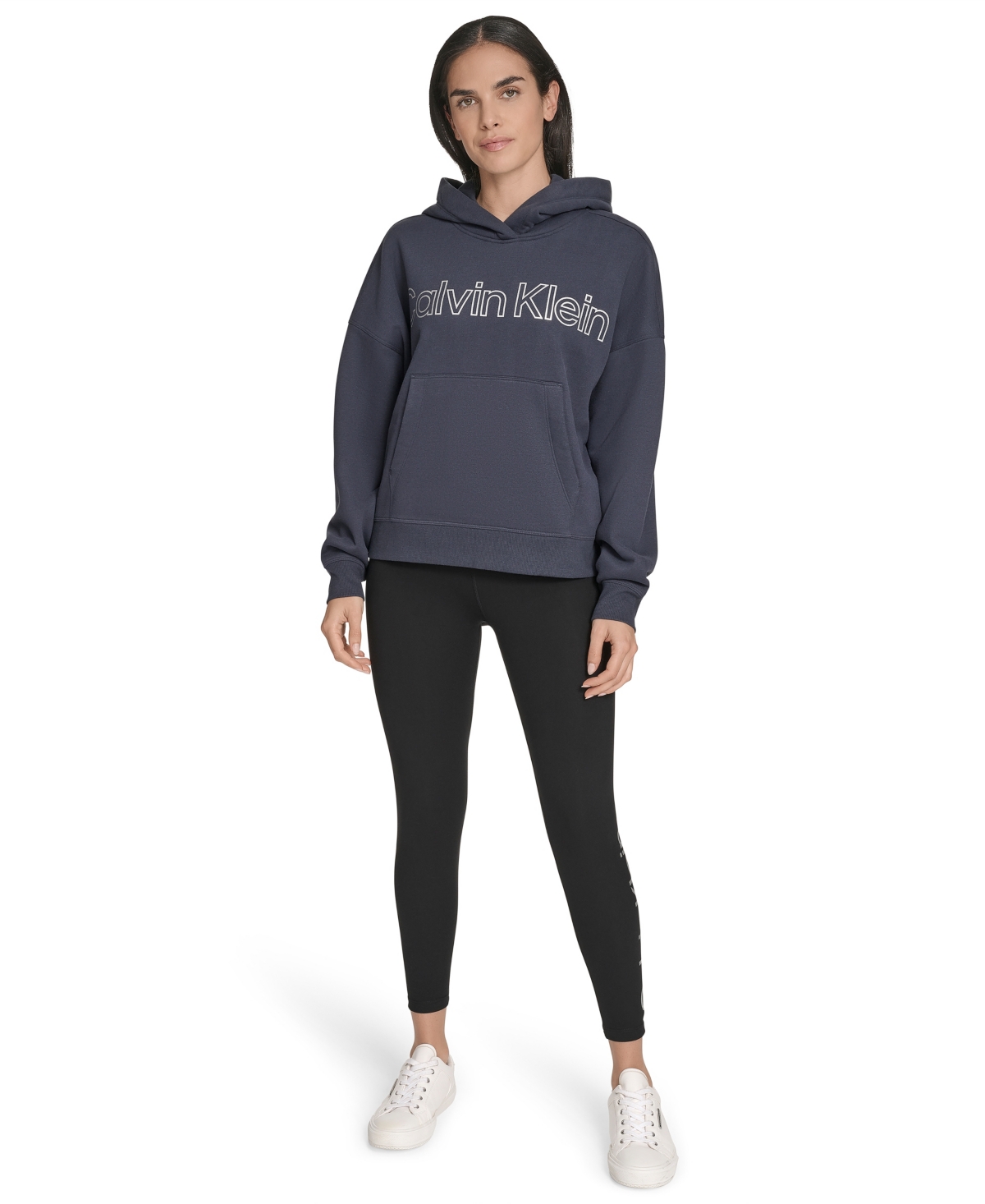 Calvin Klein Women's Performance Metallic Outline Logo Fleece Hoodie In Black