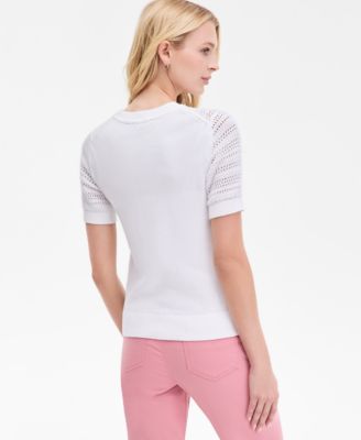 Nautica Women's Cotton Lace-Front Short-Sleeve Sweater