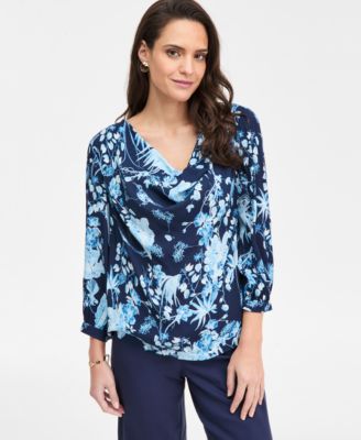 JM Collection - Women's Printed Cowl-Neck 3/4-Sleeve Top