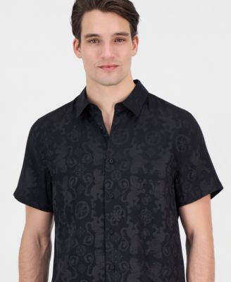 Men's Lion Peony Jacquard Short-Sleeve Button-Front Shirt