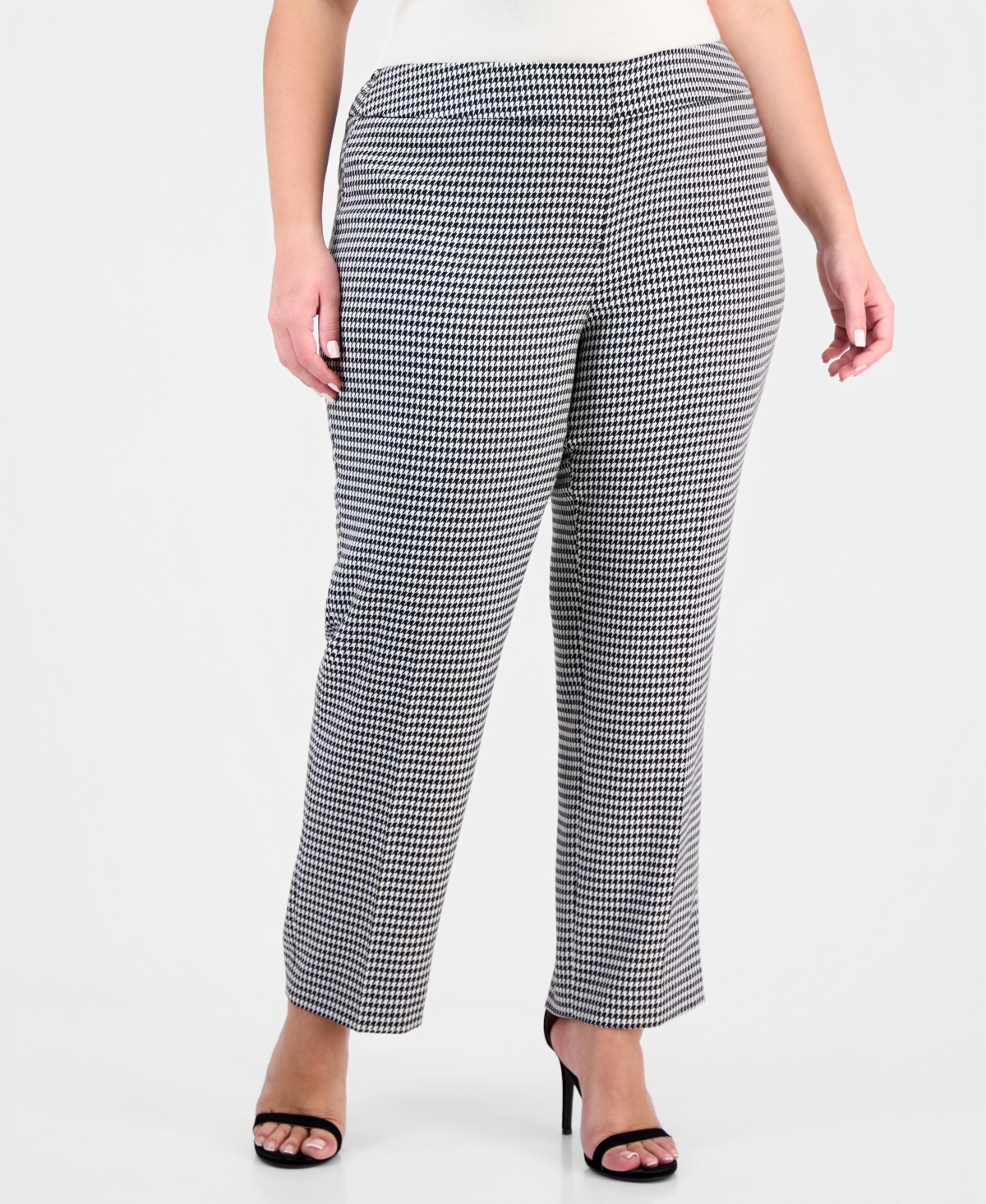 Kasper Plus Houndstooth-Print High-Rise Slim-Fit Pants