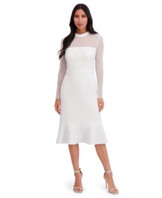 London Times - Women's Long-Sleeve Illusion Midi Dress