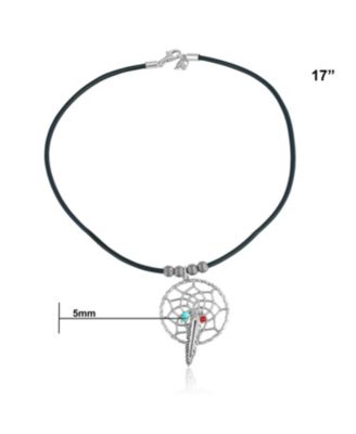 Sterling Silver Kingman Turquoise and Red Coral Black Leather Dreamcatcher Necklace, 17 Inches