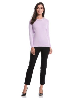 Petite Embellished Neck Long Sleeve Top