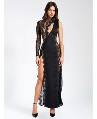 Women's Weslyn Black Satin Lace High Slit Dress