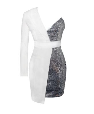 Women's Silver Night White Sequin Crepe Tuxedo Blazer Dress
