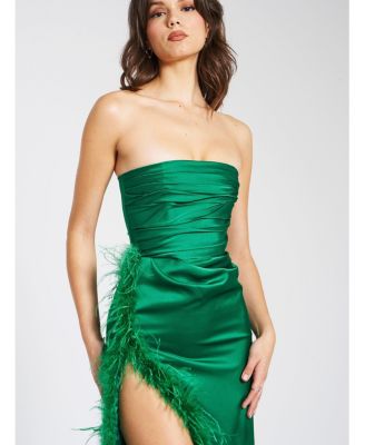 Women's Perrin Emerald Green Feather Dress High Slit Gown