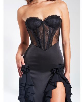 Women's Talia Black Satin Lace Corset Maxi Dress