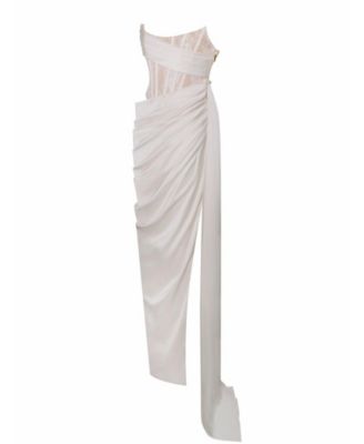 Women Callie Pearl White Lace Satin Corset High Slit Gown