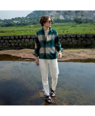 Men's Emerald Green & Buff Beige Vignette-Checkered Oversized Shirt