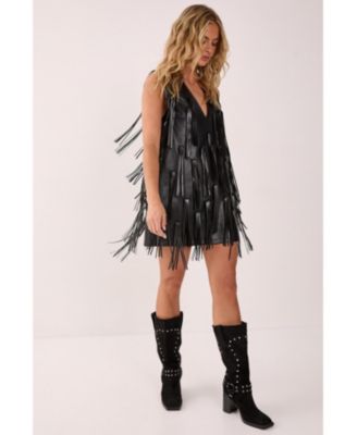 Women's Faux Leather Tassel Plunge Mini Dress