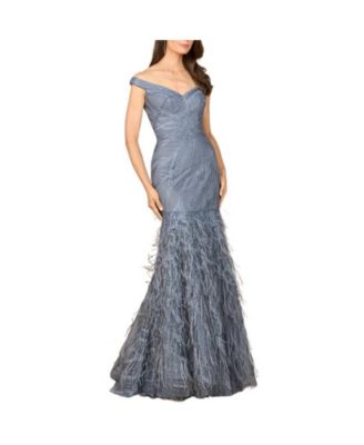 Women's Off Shoulder Mermaid Beaded Gown with Feathers