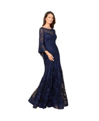 Women's Illusion Neck, Long Bell Sleeve Gown