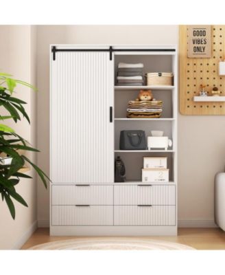 Tall Cabinet Bedroom Armoire Wardrobe Closet Clothing with Hanging Rod Barn Door Drawers Open Shelves
