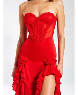 Women's Talia Red Satin Lace Corset Maxi Dress