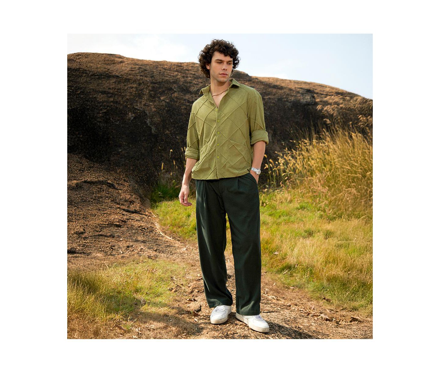 Мужская рубашка Cahoot Campus Sutra Pistachio Green Grid-Corduroy, цвет: Зелёный — фото 4