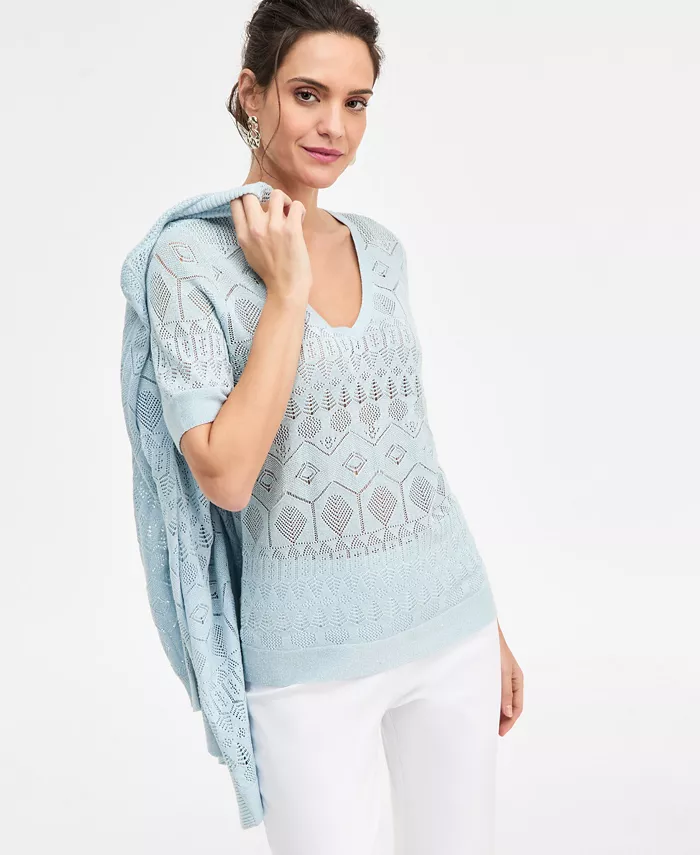 Women's Short-Sleeve Pointelle V-Neck Sweater