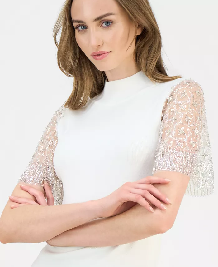 Women's Beaded-Sleeve Mock Neck Sweater - thumbnail 2