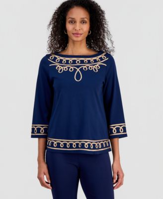 Women's Cotton Soutache 3/4-Sleeve Top, Macy's Exclusive