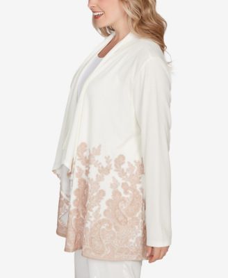 Plus Size Long Sleeve Border Print Cardigan Sweater