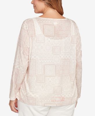Plus Size Printed Long Sleeve Embellished Top