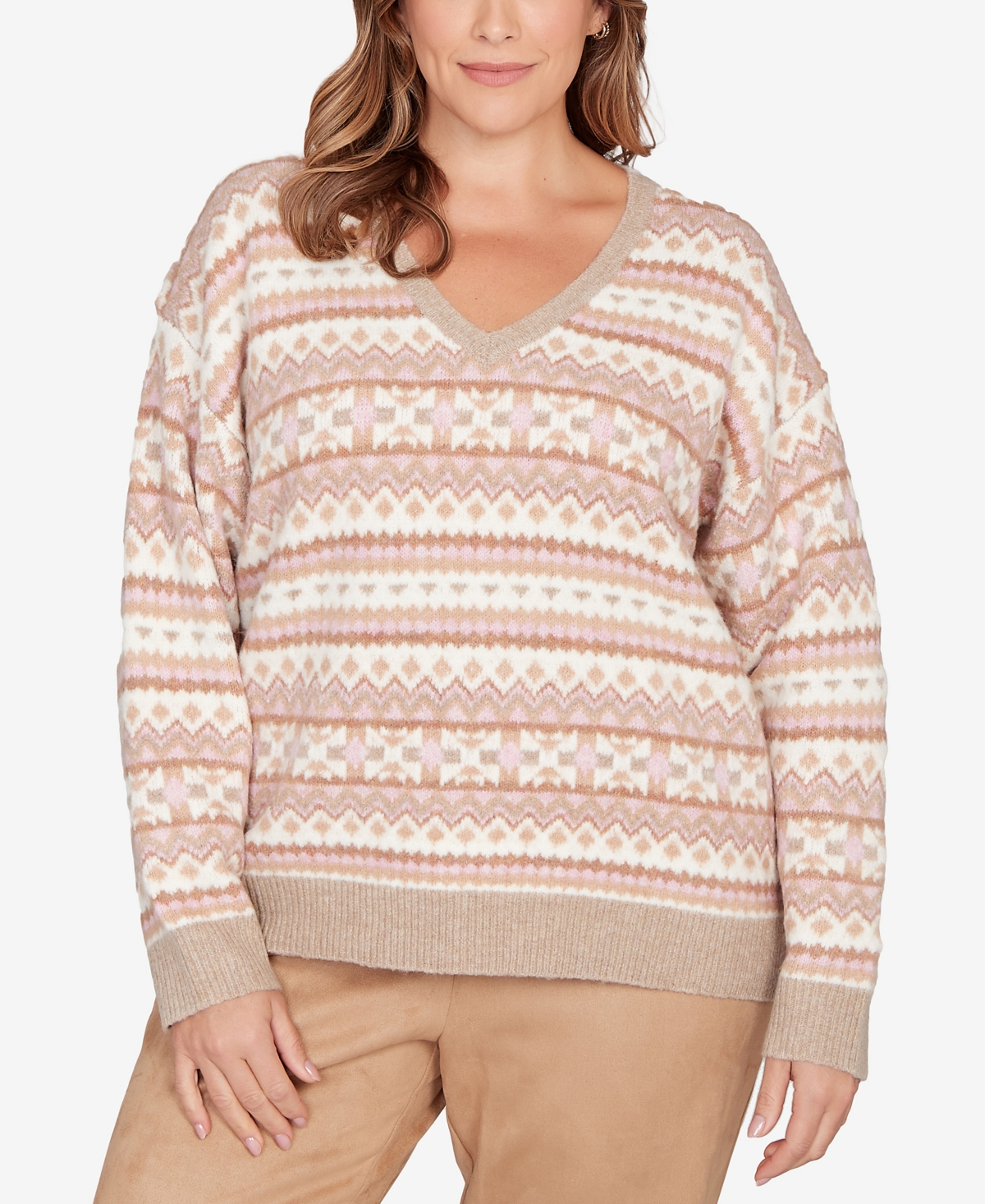 Hearts Of Palm Plus Long Sleeve V-Neck Fairisle Sweater