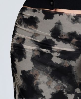 Women's Printed Mesh Side Ruched Midi Skirt