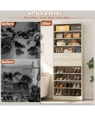 8-Tier Shoe Rack with 2 Drawers, 80'' High Wooden Shoe Cabinet with Adjustable Shelves
