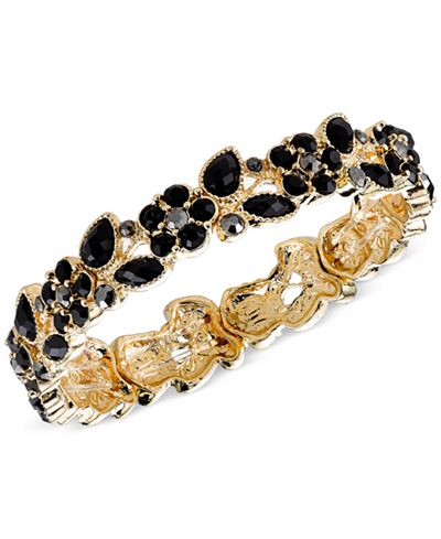2028 Gold-Tone Black Stone Flower Stretch Bracelet