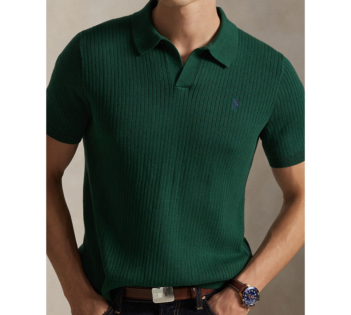 Polo Ralph Lauren Men's Rib-knit Cotton Polo-collar Sweater In Green