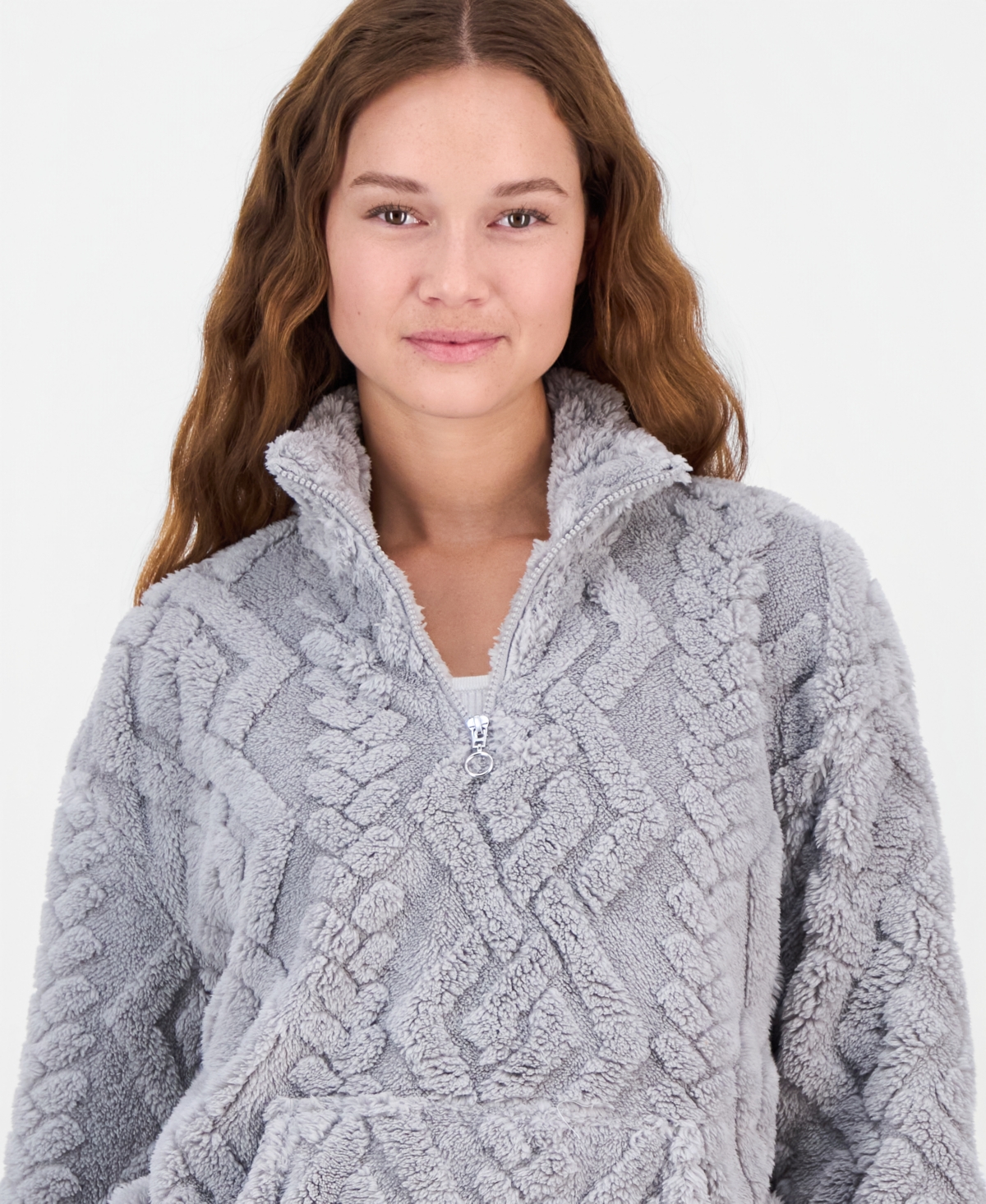 Rebellious One Juniors' Embossed Sherpa Quarter-zip Sweatshirt In Gray